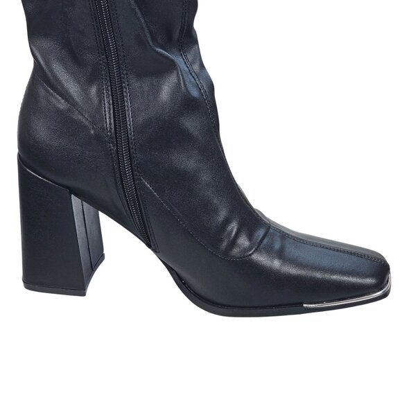 Pretty Little Things Black Leather Women's 7 Square Toe Calf Heeled Sock Boots - Picture 11 of 16